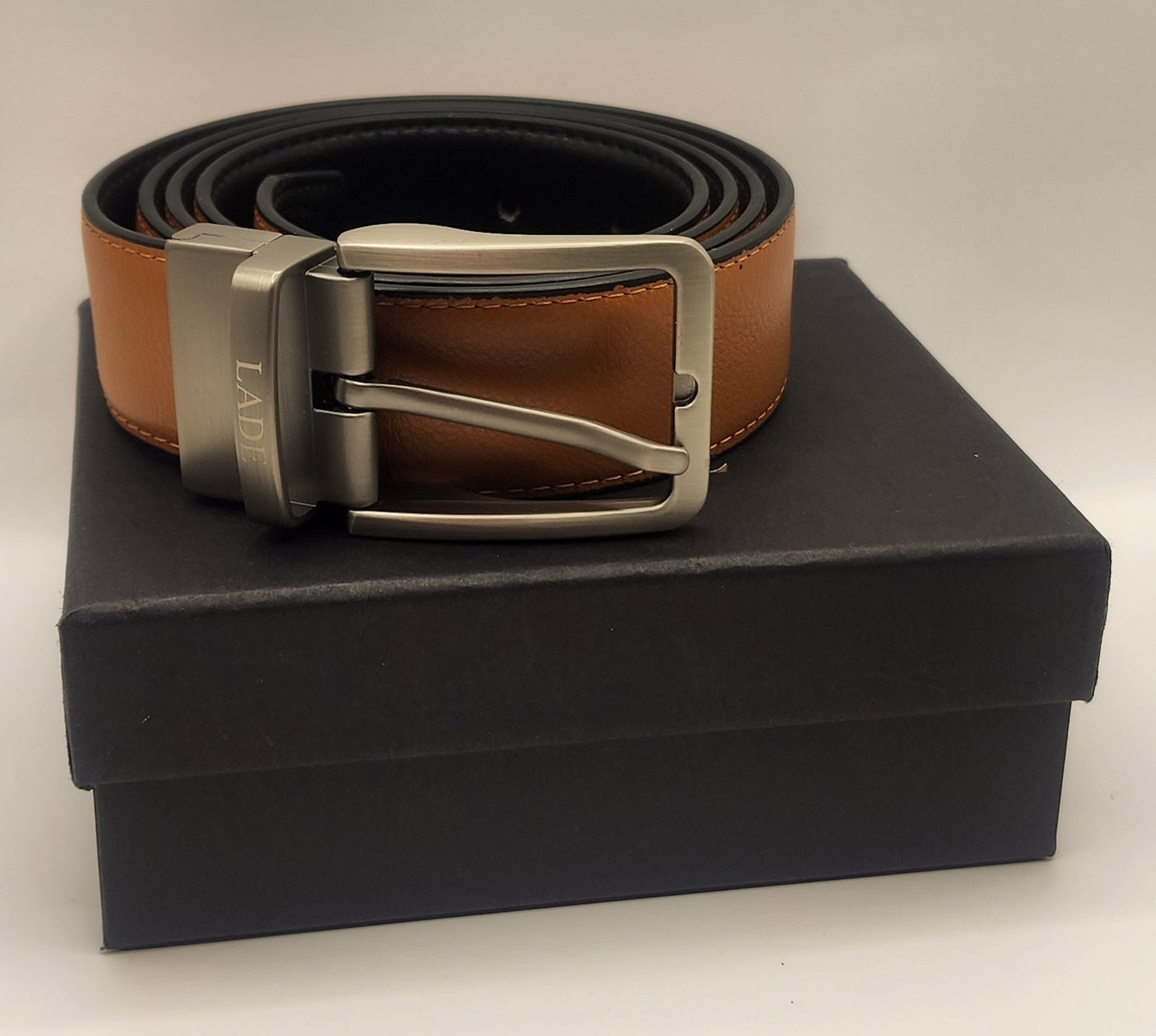 LADE Reversible Leather Belt-Men-Tan/Black-Silver Buckle