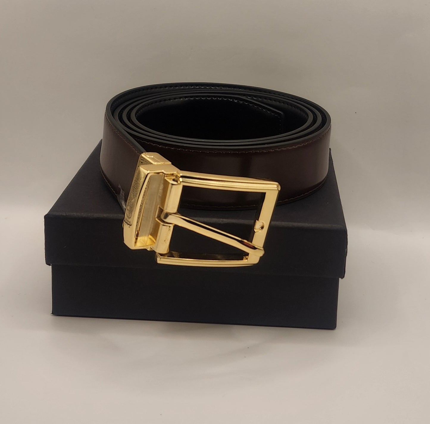 LADE Reversible Leather Belt-Men-Black/Brown-golden Buckle